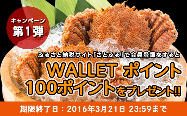 ふるさと納税サイト「さとふる」で会員登録すると、WALLET ポイント 100ポイントをプレゼント!!